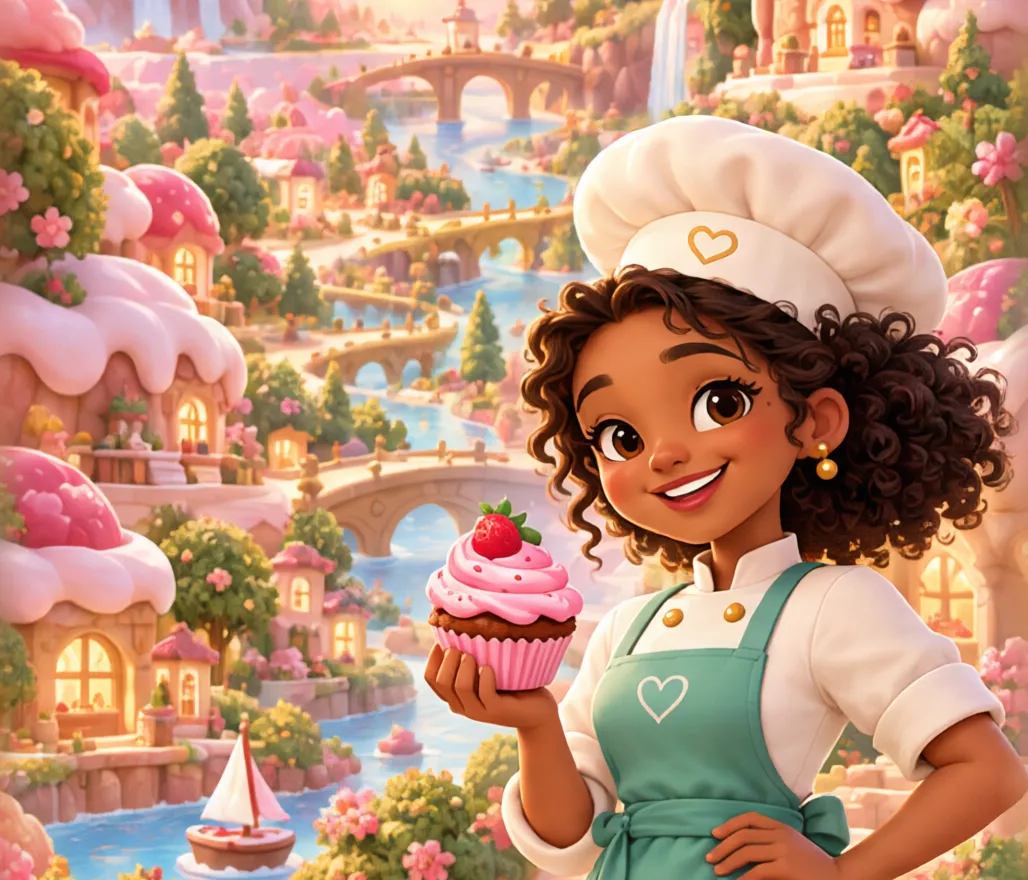 Sweet Trail's chef holds up a strawberry cupcake above a candy valley of rivers, bridges and frosted cottages